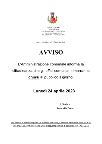 CHIUSURA AL PUBBLICO DEGLI UFFICI COMUNALI IN DATA 24 APRILE 2023