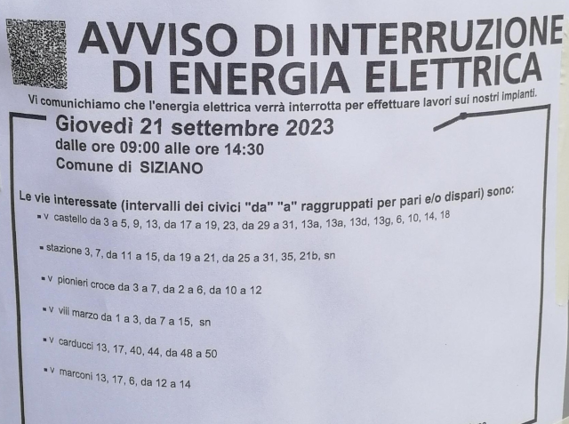 Avviso di interruzione di energia elettrica - giovedi' 21 settembre 2023 