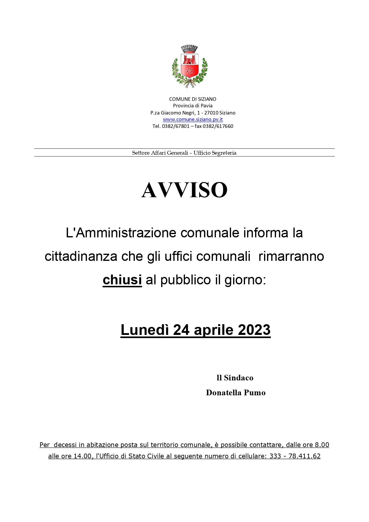 Chiusura al pubblico degli uffici comunali in data 24 aprile 2023