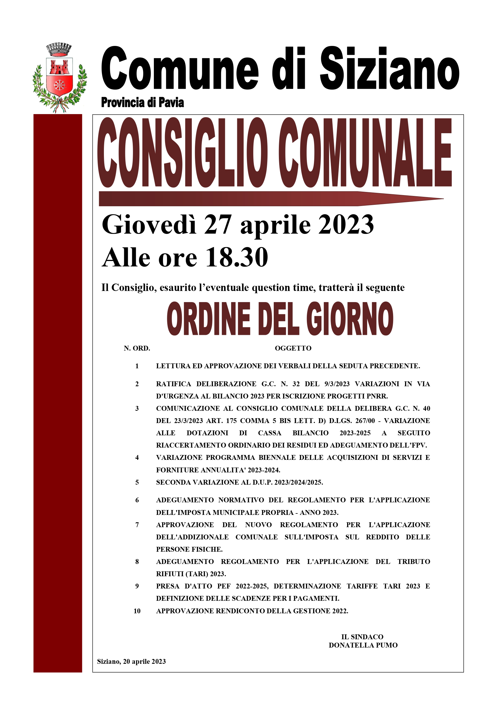 Consiglio comunale del 27/04/2023