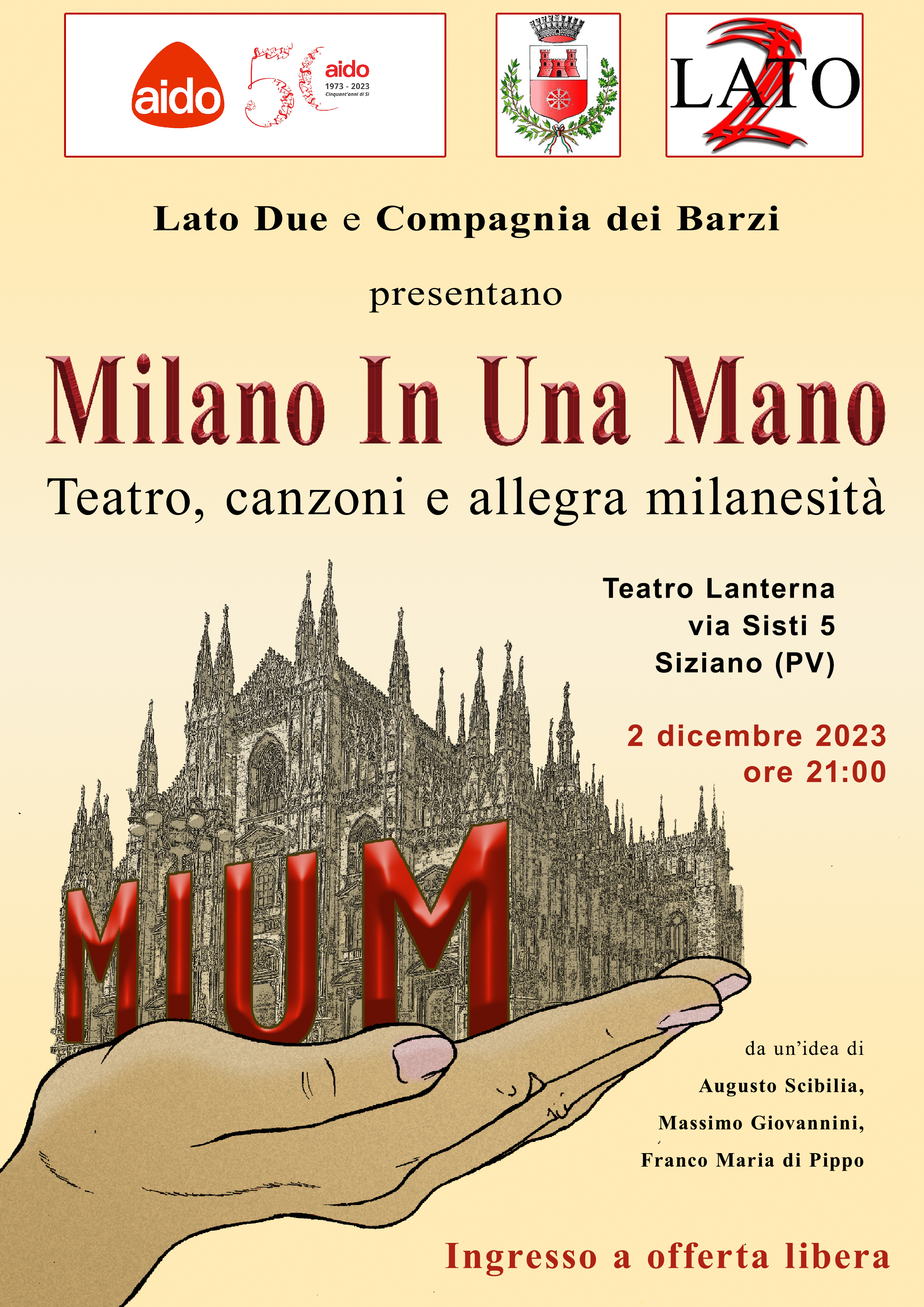 ''MILANO IN UNA MANO'' : SPETTACOLO TEATRALE 2 DICEMBRE 2023