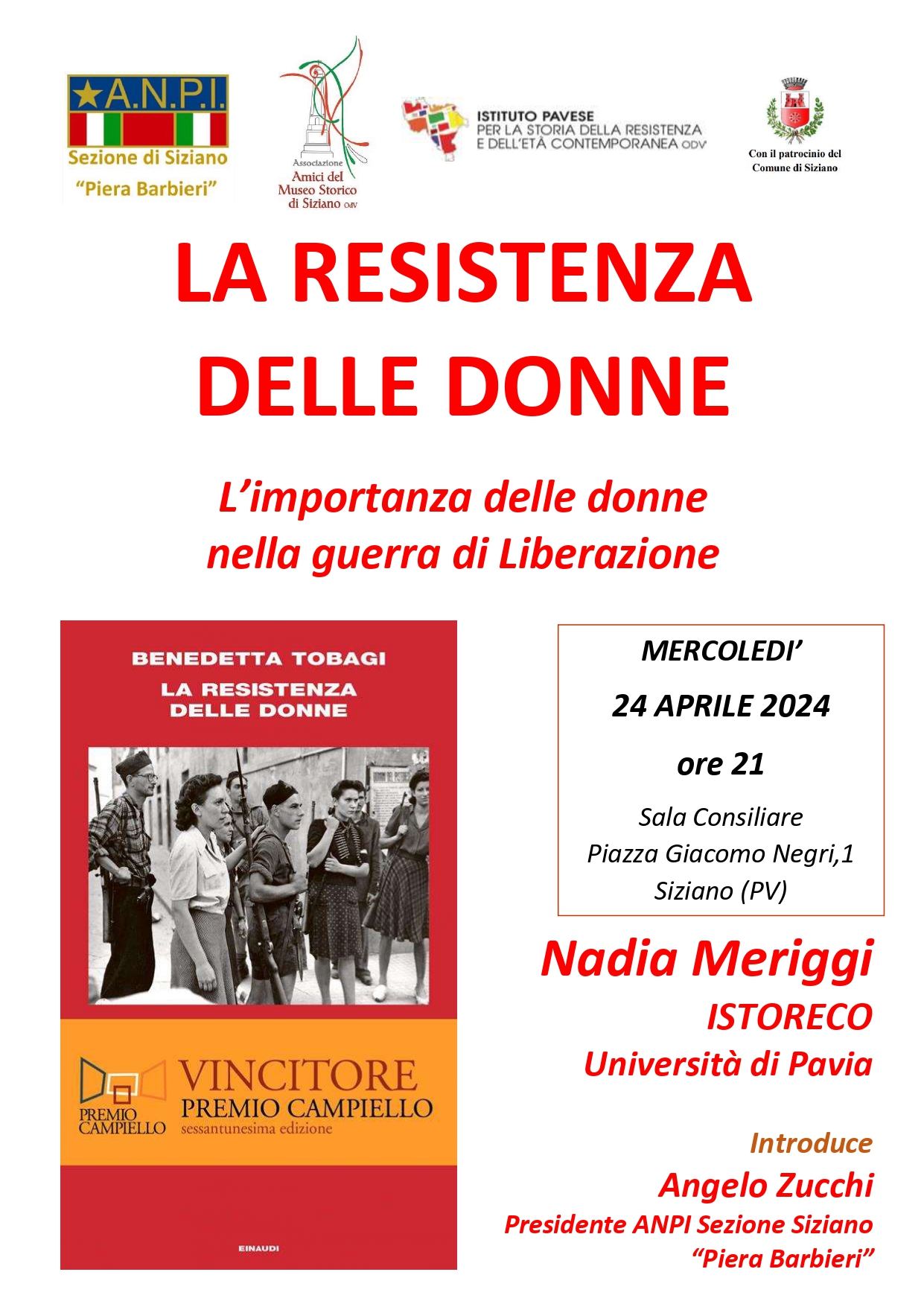 MERCOLEDI' 24 APRILE - PRESENTAZIONE LIBRO ''LA RESISTENZA DELLE DONNE " 