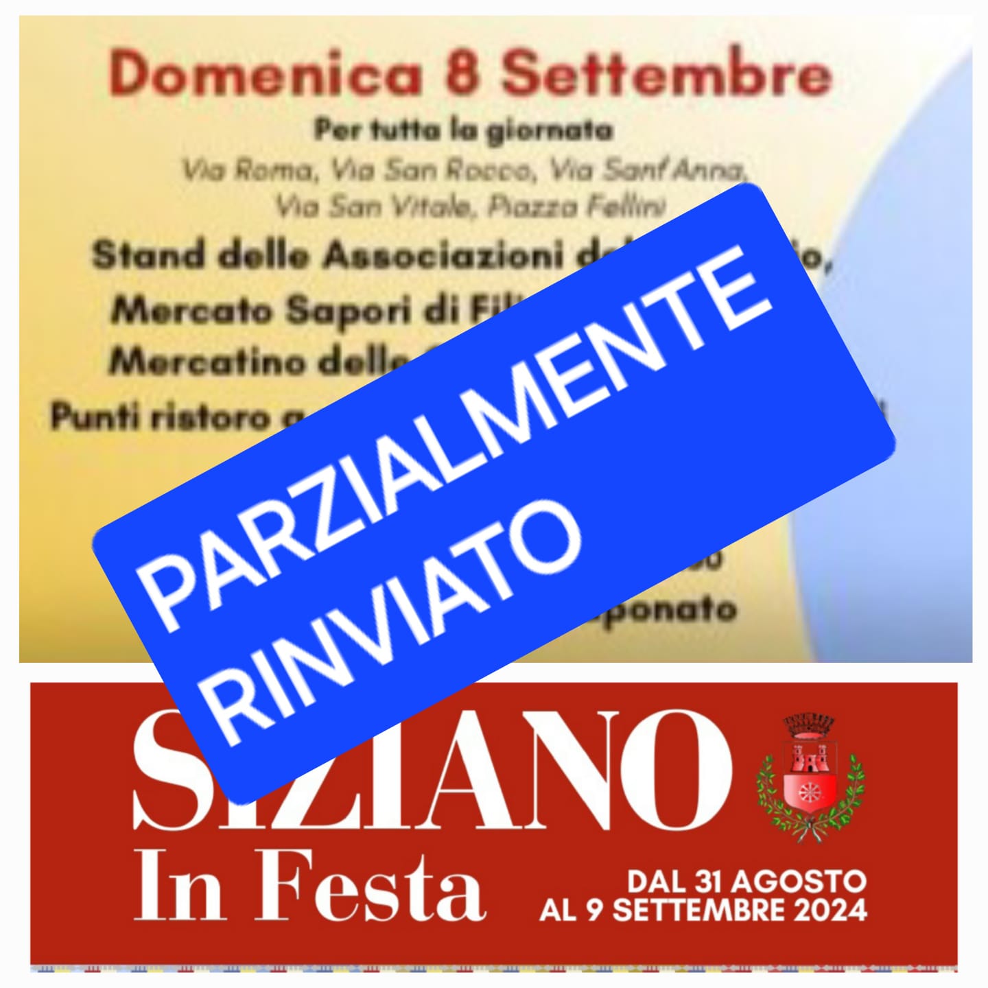 FESTA PATRONALE 2024 - RINVIO CAUSA ALLERTA METEO DELLE ATTIVITÀ ALL'APERTO PREVISTE PER DOMENICA 8 SETTEMBRE 