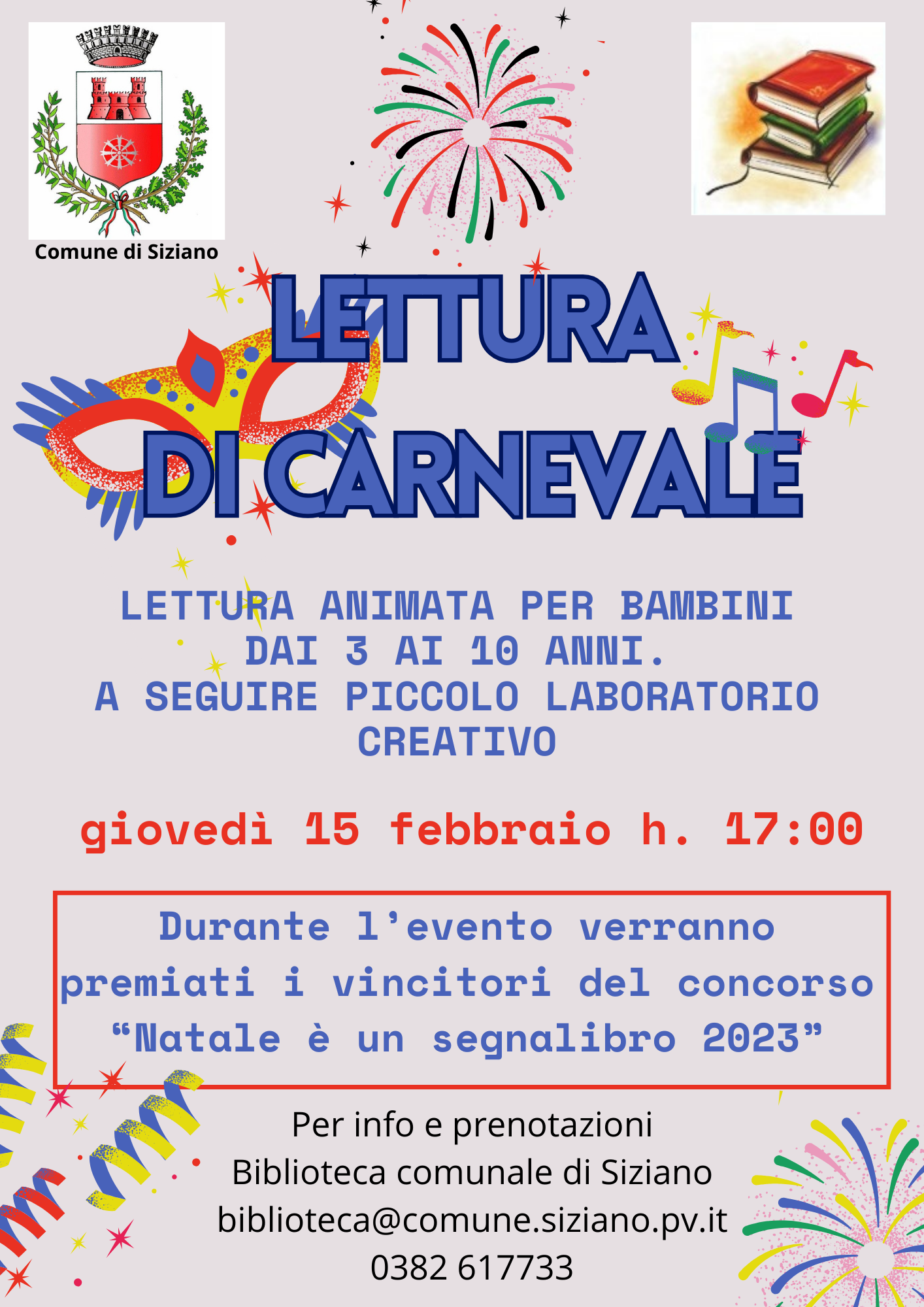 15 FEBBRAIO - "CARNEVALE IN BIBLIOTECA" - LETTURA ANIMATA PER BAMBINI DAI 3 AI 10 ANNI